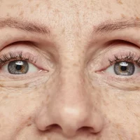 Close up of sparkling blue eyes of young woman with freckles, copy space